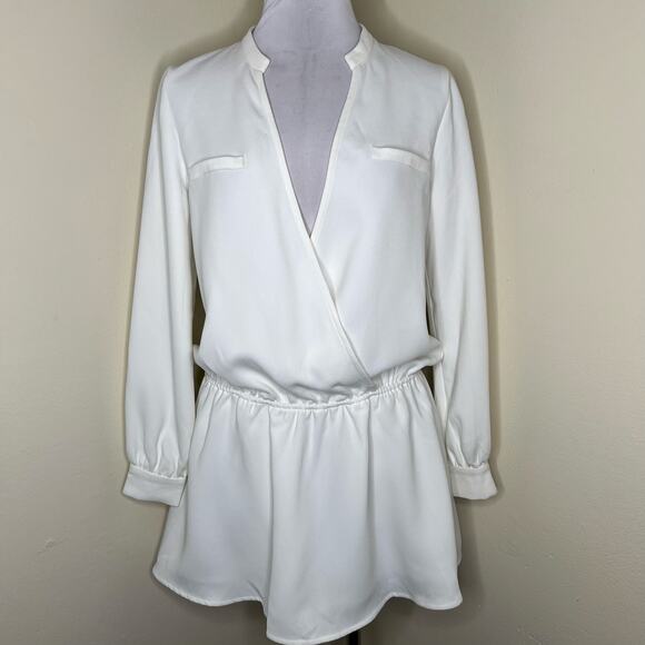 Line & Dot Blouson Dress S/M White Long Sleeve Plunge Surplice Faux Wrap Crepe - Picture 1 of 10